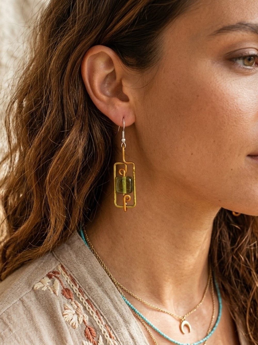Handmade Boho Wire Wrapped Geometric Dangle Earrings Olive Green Glass Bead 2"